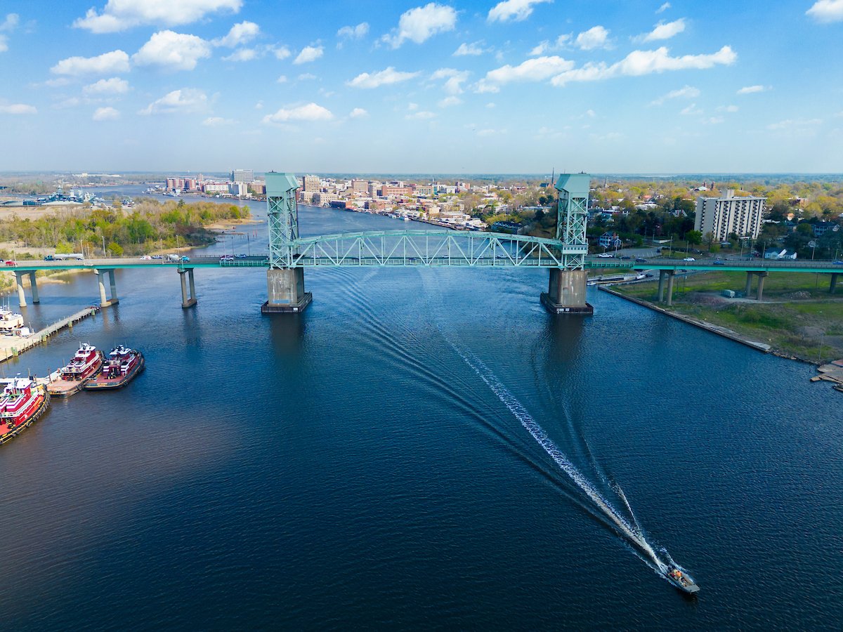 An overhead view of the Cape Fear river in Wilmington, North Carolina.